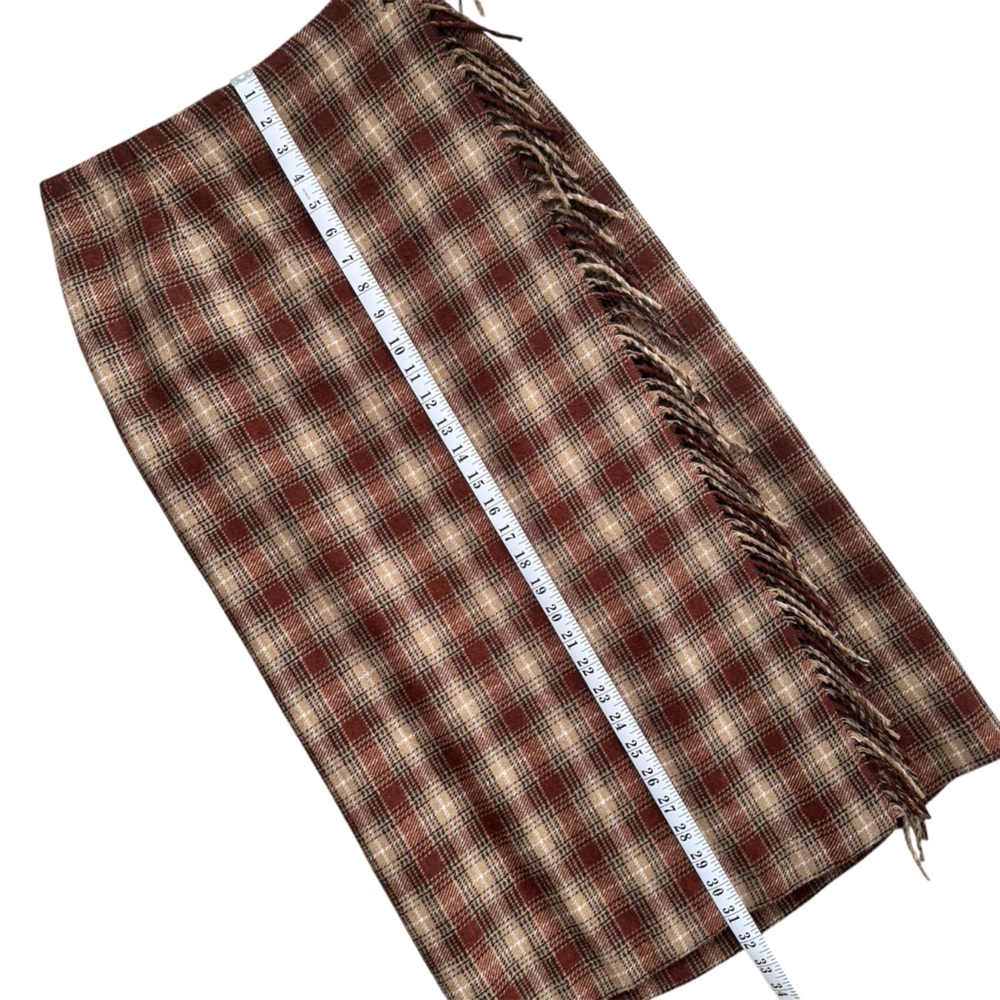 Daniel Hechter Plaid Fringe Wrap Midi Skirt, Brown/Beige, Wool Blend, Size 6 (S) - Picture 10 of 12